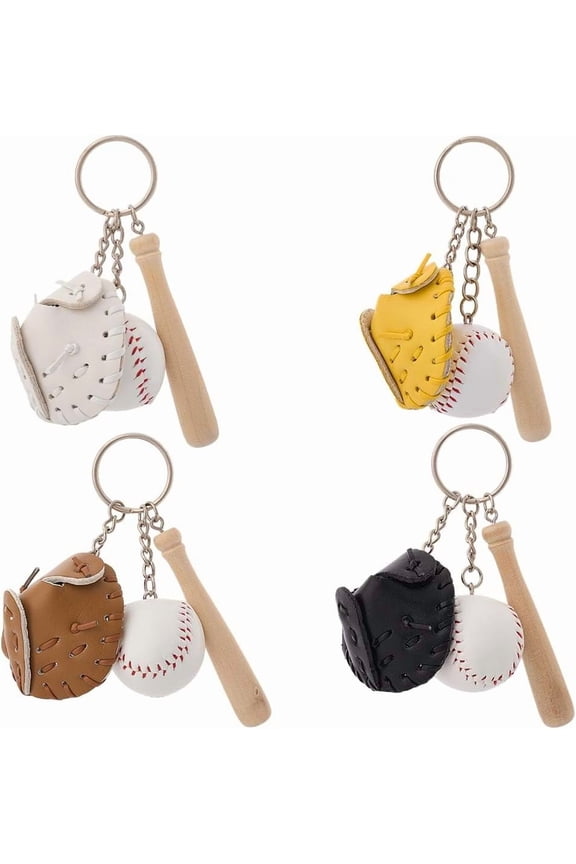 Colorful 4 Colors Mini Baseball PU Leather Keychain Softball Keyring Small Sprot Bag Charm Key Ring Pendants Decorations with Glove Wooden Bat for Souvenir Athletes Rewards Party Favors