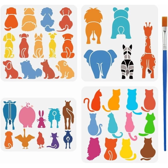 Colorful 4 PCS Animal Back Silhouette Stencil for Painting with Brush A4/11.8inch Reusable Farm Animals Template Puppy Dog Cat Pig Rabbit Stencil Plastic PET Animal Theme Template for Decor