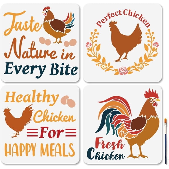 Colorful 4 PCS Farmhouse Chicken Stencils 11.8×11.8 Inches Hen Laying Eggs Reusable Drawing Stencil with Paint Brush Taste Nature in Every Bite Templates for Wood Fabric Wall Furniture