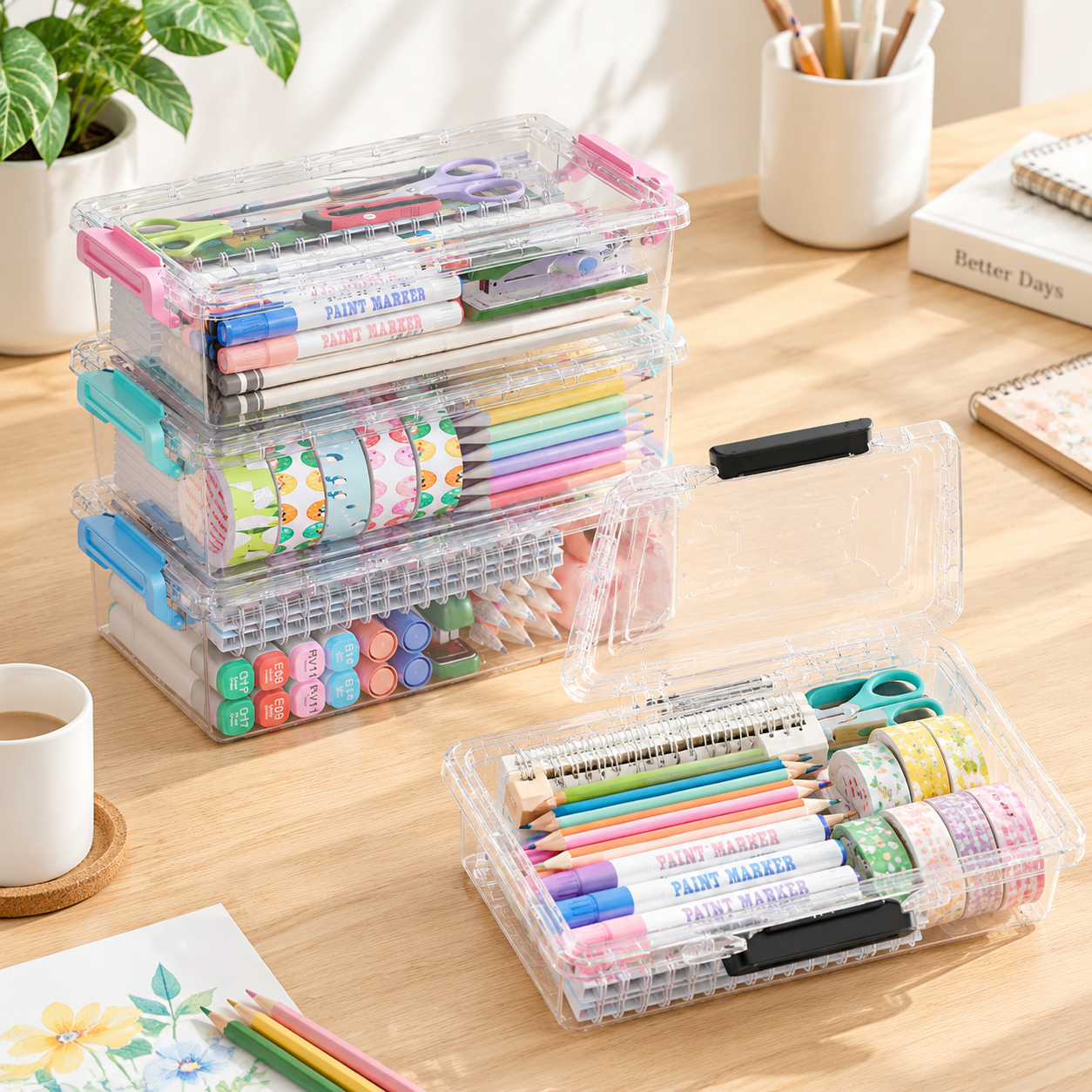 Colorful 4 Pack Extra Large Plastic Pencil Box Art Supply Storage ...