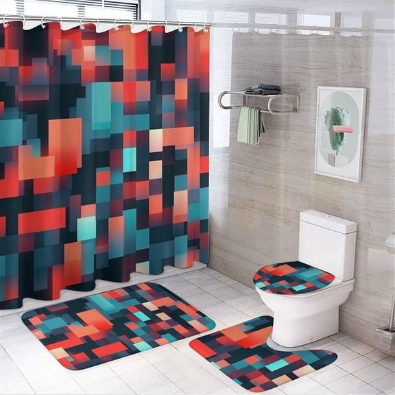 Colorful 4 Pcs Bathroom Shower Curtain Set, Bathroom Sets with Rugs (Bath Mat, U Shape and Toilet Lid Cover Mat) and 12 Hooks,