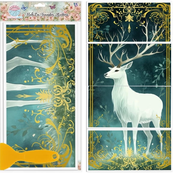Colorful 4 Sheets Gothic Stag Furniture Transfer 11.8x5.9inch Forest Deer Rub on Transfer Vintage Border UV Self-Adhesive Stickers Wall Art Craft for Furniture Room Desk Table