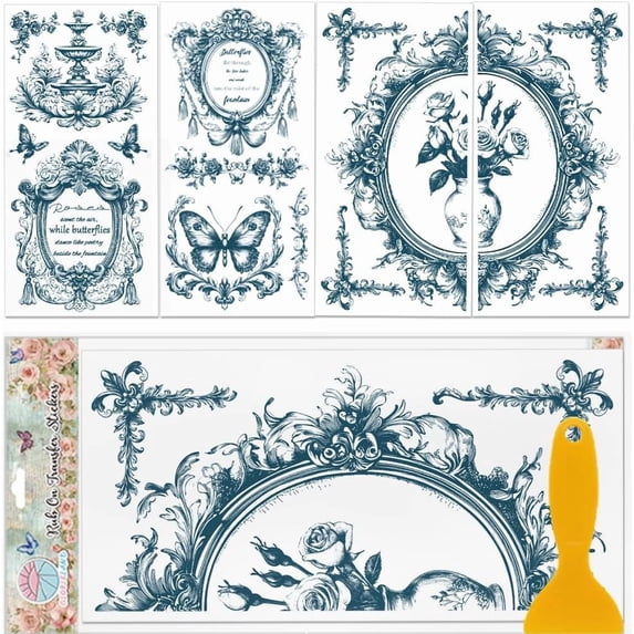 Colorful 4 Sheets Vintage Patterns Borders Furniture Transfer 11.8x5.9inch Fountain and Vase Rub on Transfer UV Self-Adhesive Wall Art Decals Craft for Bedroom Living Room Desk Table