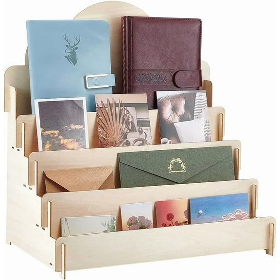 Colorful 4 Tiers Greeting Card Display Stand Wooden Collector Display Rack Portable Birthday Cards Display Multi-Purpose Sticker Display Stand for Vendors Postcard Rack Post Art Print Craft Market