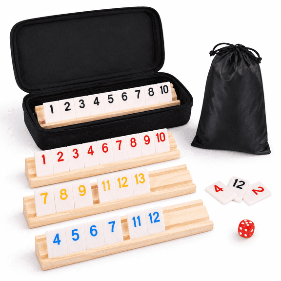 Colorful 4-player Rummy Cube Game Set with Wooden Racks, Tiles and Carrying Case