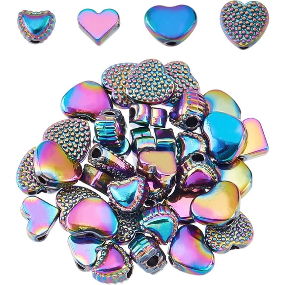 Colorful 40Pcs 4 Styles Rainbow Color Alloy Beads Plating Heart Beads Love Heart Spacer Beads for DIY Bracelet Necklace Crafts Jewelry Hole: 1.2~1.6mm