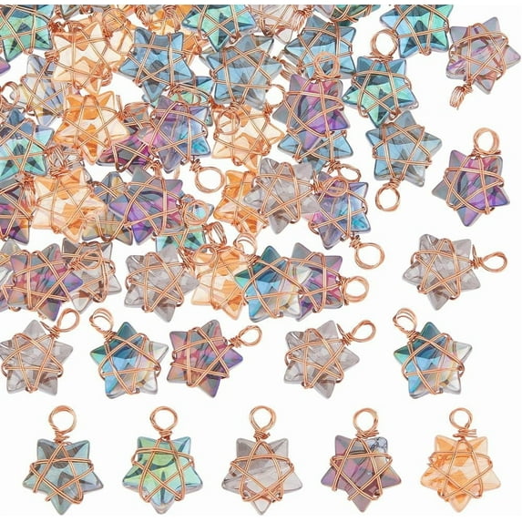 Colorful 40Pcs 5 Colors Wire Wrapped Star Pendants Electroplate Glass Charms Dangle Charms With Golden Hoop for DIY Necklace Jewelry MakingHole:3.5mm