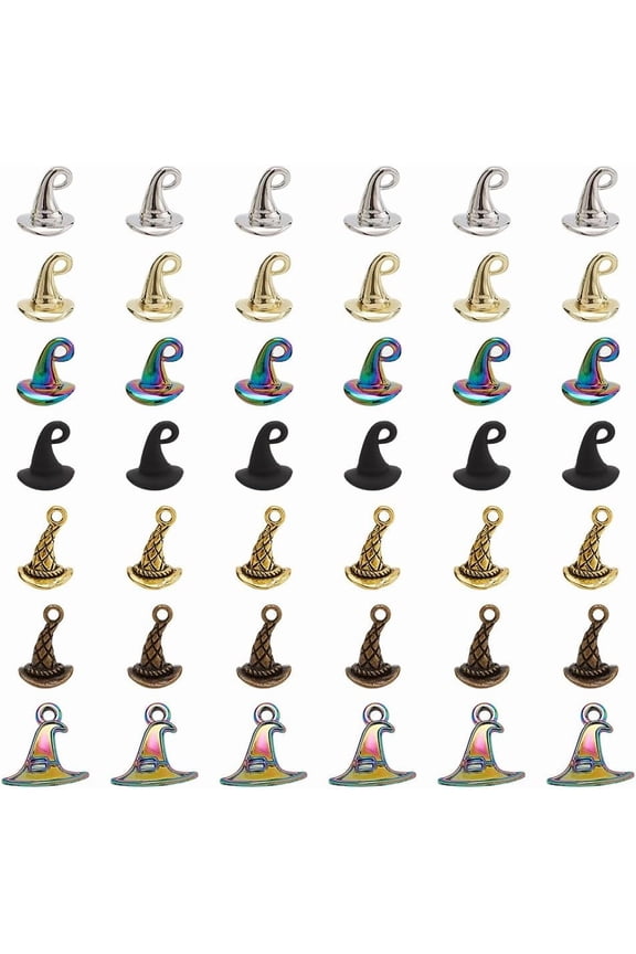 Colorful 42 Pcs 7 Styles Hat Charms Pendants Assorted Shiny and Colorful Wizard Hat Beads Zinc Alloy Charms Jewelry Findings Pendants for Necklace Earrings Jewelry Making