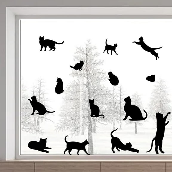 Colorful 46x15/116x38cm Black Cat Window Clings Double Sided Animal Window Decals Window Stickers Non Adhesive Static Vinyl Film for Glass Sliding Door Prevent Bird Strike