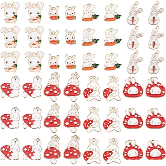 Colorful 48 Pcs 8 Styles Alloy Rabbit Dainty Charms Golden Plated Enamel Bunny Dangle Pendants Rabbit with Carrot Mushroom Pendants for DIY Bracelet Necklace Jewelry Making