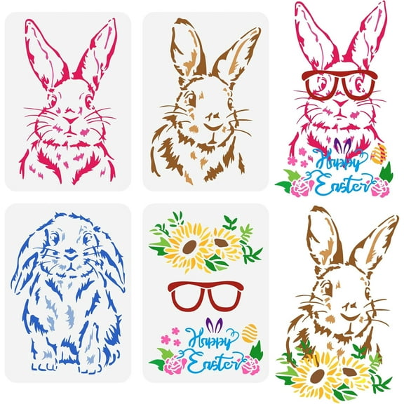 Colorful 4PCS Rabbit Painting Stencils 11.7x8.3 inch Happy Easter Decoration Plastic Long-Eared Bunny Stencil Sunflower Leaves Glasses Easter Egg Art Craft Stencil for Wall Tiles Home Decor