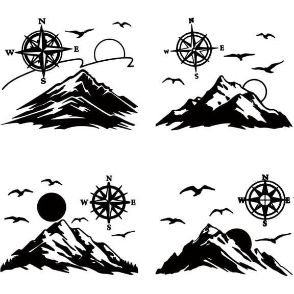 Colorful 4Pcs 4 Styles Mountain Decal Compasses Car Sticker 7.9" x 7.9" Black Waterproof Self Adhesive Sunrise Birds Reflective Cars Exterior Decals for Vehicle Motorcycle Bumper Window Side Door