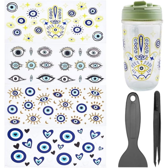 Colorful 4Pcs 4Styles UV DTF Transfer Sticker for Glass Cup Wrap Transfer Decals Blue Waterproof Rub on Transfers Decorative Decals for Drinking Glasses DIY Crafts Furniture 9x4.3Inch