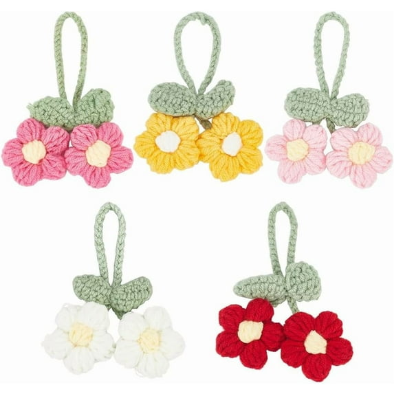 Colorful 5-Piece Crochet Puff Flower with Lanyard - Knitted 5-Petal Flower Pendant for Key Chain Mirror Bag Costume DIY Crafts