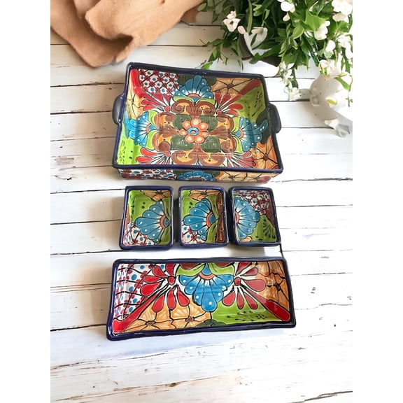 Colorful 5-Piece Talavera Casserole Set Handcrafted Mexican Pottery for Fiesta's and Potlucks