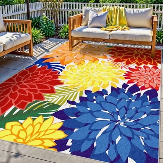 Colorful 5x8 Outdoor Area Rug Washable Multicolored Patio Rug Tropical Botanical Floral Chenille Waterproof Outdoor Carpet For Living Room Deck Backyard Porch Rainbow