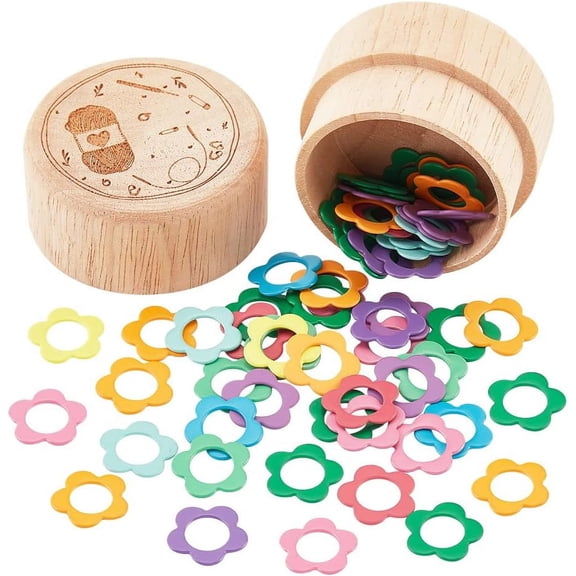 Colorful 60 Pcs Alloy Flower Shape Knitting Stitch Markers 9.5mm Ring Stitch Markers Crochet Sewing DIY Craft Kit with Wooden Storage Box