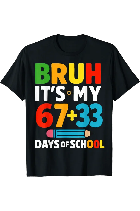 Colorful 67 + 33 Days of School Pencil Graphic T-Shirt for Fun School Celebrations
