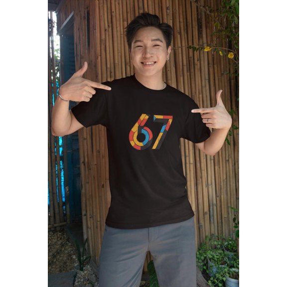 Colorful 67 Number Graphic Tee, Retro Vibrant Design Unisex Softstyle Cotton T-Shirt, Sizes S-5XL