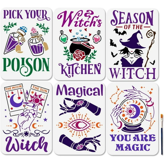 Colorful 6Pcs A4 Witches' Day Stencils Magic Moon Phase Painting Stencils 11.78.3inch with Paint Brush Reusable Season of The Templates for Wood Wall House Sign Poster Decor