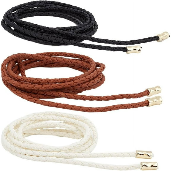 Colorful 6Pcs Thin Belt 3 Colors PU Leather Boho Knotted Waistband Rope 59in(150cm) Adjust Beaded Vintage Skinny Tie Trendy Decorative Woven Waist Cord for Lady Women Summer Skirt Dress