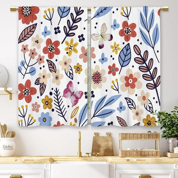 Colorful 70s Flower Plants Kitchen Curtains Multi Colored Floral Small Short Cafe Window Curtains Spring Cute Watercolor Floral Bathroom Drapes Treatment Tier Curtains 2 Panels (27.5x36 Inch)