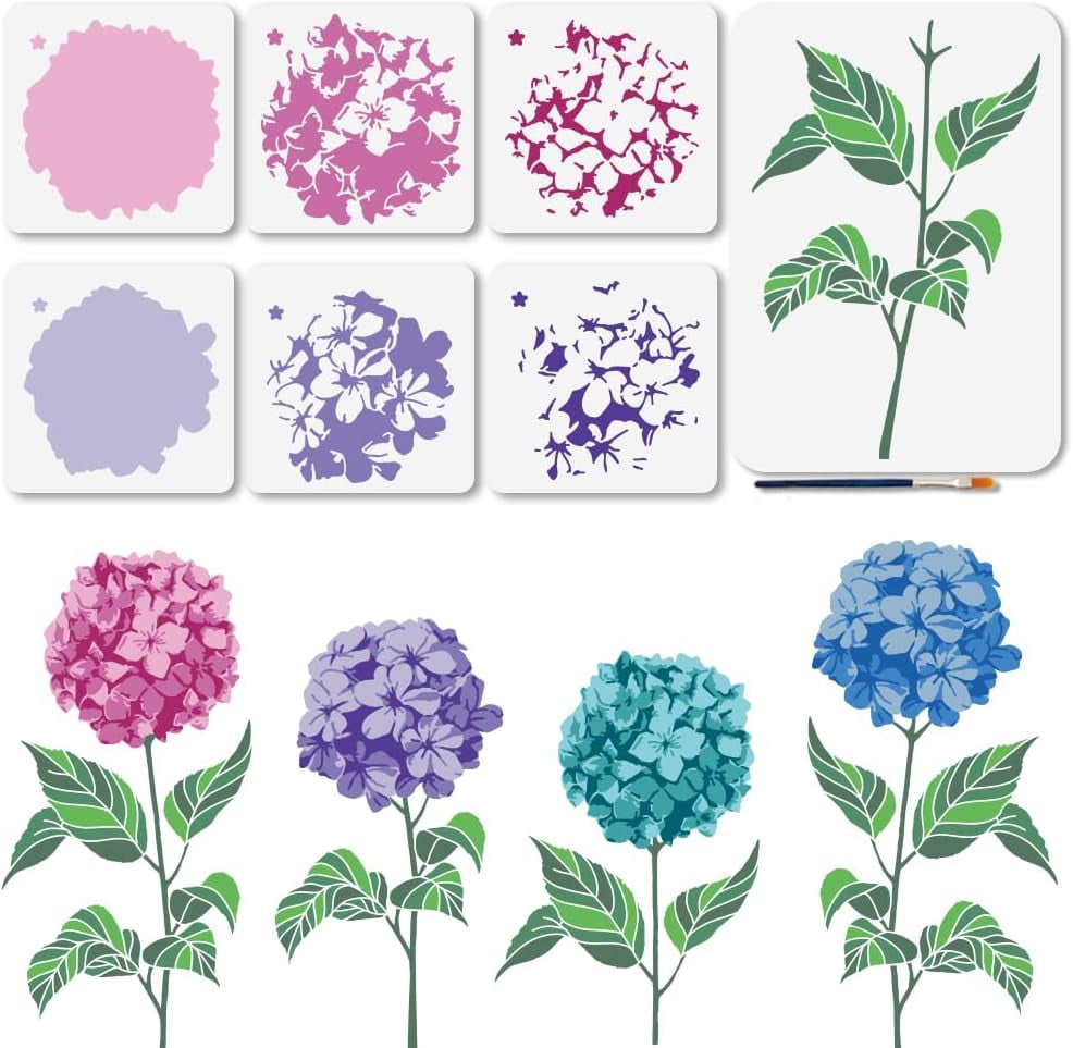 Colorful 7Pcs Layered Hydrangea Stencils 5.9×5.9/11.7×8.3inch Summer ...