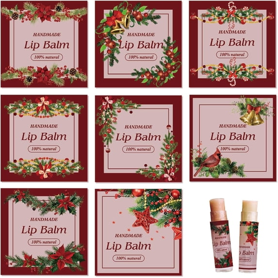 Colorful 80Pcs 8 Styles Christmas Lip Balm Sticker Red Flower Wreath Homemade Skincare Products Self-Adhesive Waterproof Lip Balm Labels Stickers for Tube Containers Cosmetics Lipsticks (5cm/2inch)