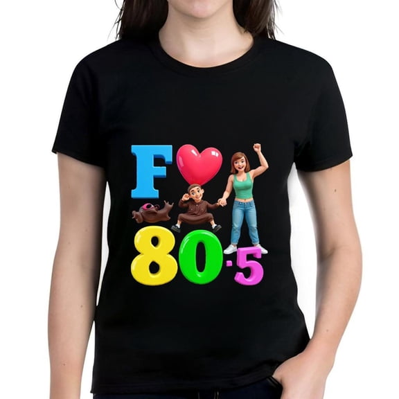 Colorful 80s Inspired Cotton Short Sleeve T-Shirt for Women - Playful " F 80 - 5 " Design with Cartoon Characters