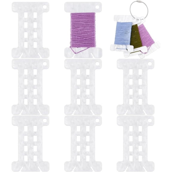 Colorful 8Pcs Floss Bobbins Acrylic Embroidery Floss Organizer Acrylic Floss Drops Thread Cards with Stainless Steel Keychain Embroidery Floss Winding Board for Stitch and Sewing Projects