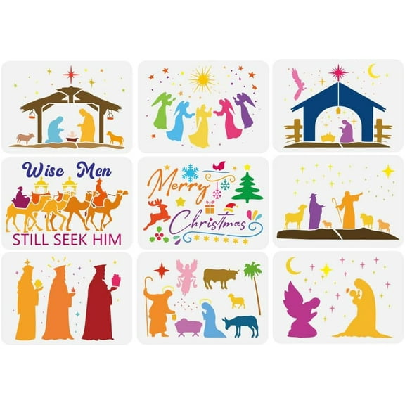 Colorful 9 Pcs Merry Christmas Drawing Stencil 11.7x8.3inch Reusable Birth of Jesus Painting Template Christmas Tree Star Deer Decoration Stencil for Painting on Wood Wall Fabric Furniture