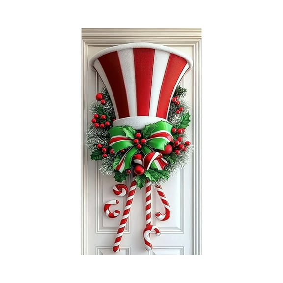 Colorful 90X180Cm Christmas Door Curtain Polyester With Candy Cane Hat Gingerbread Print, Holiday Home Decor