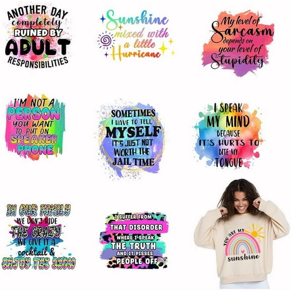 Colorful 9PCS Funny Sayings Iron On Transfer Patches Colorful Heat Transfer Stickers Fun Text DIY Iron On Decals Washable Heat Transfers Paper for Clothing T-Shirt Hoodie Backpacks Pillow