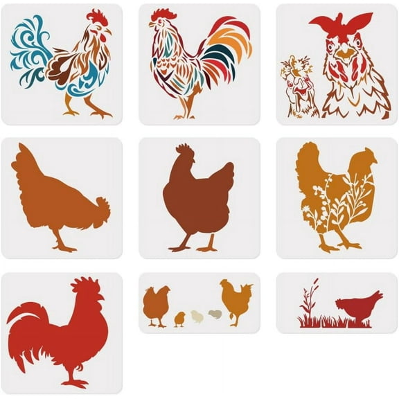 Colorful 9Pcs Chicken Wall Stencil Templates Reusable Plastic Rooster Stencils for Painting on Wood Wall Floor Fabric Glass Furniture DIY Home Decor Stencils Craft Drawing Stencils