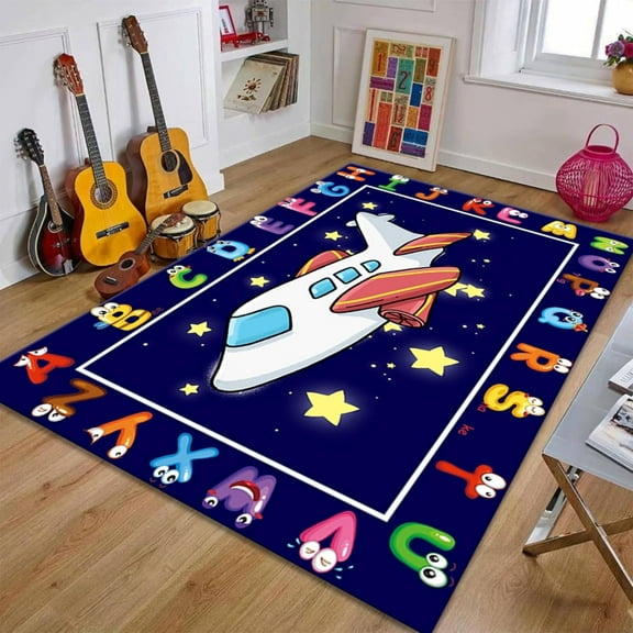 Colorful ABC Alphabet Area Rug, Fun Cartoon Airplane Star Print Kids Room Playroom Nursery, Reading Rug, Baby Toddlers Non Slip 1x2ft