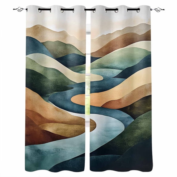 Colorful Abstract Art Blackout Curtains for Bedroom/Living Room, Thermal Insulated Kitchen Curtains, Mountain Modern Watercolor Grommet Darkening Window Treatment Drapes 27.5"x39"x2