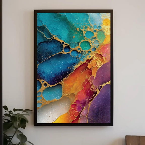 Colorful Abstract Art | Gold Vein Print | Maximalist Wall Decor | Vibrant Alcohol Ink Style Canvas | Rainbow Geode Painting, Unframed Canvas Size 8x12