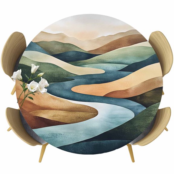 Colorful Abstract Art Round Tablecloth 45-54 Inch Round Fitted Table Cloth with Elastic Edge, Mountain Modern Watercolor Waterproof Table Cover Protector for Outdoor Picnic Party Dining