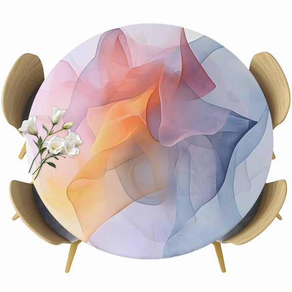 Colorful Abstract Art Round Tablecloth 55-60 Inch Round Fitted Table Cloth with Elastic Edge, Modern Art Wave Waterproof Table Cover Protector for Outdoor Picnic Party Dining