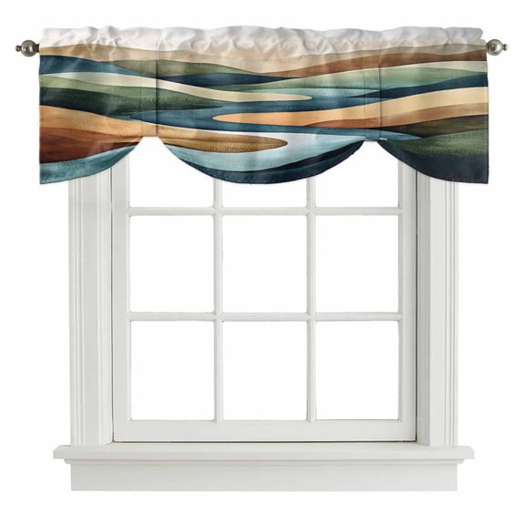 Colorful Abstract Art Tie Up Valance Curtains for Windows, Kitchen Curtains Window Shades, Mountain Modern Watercolor Light Filtering Roman Curtain Valances for Bedroom/Bathroom/Cafe 54"x18"
