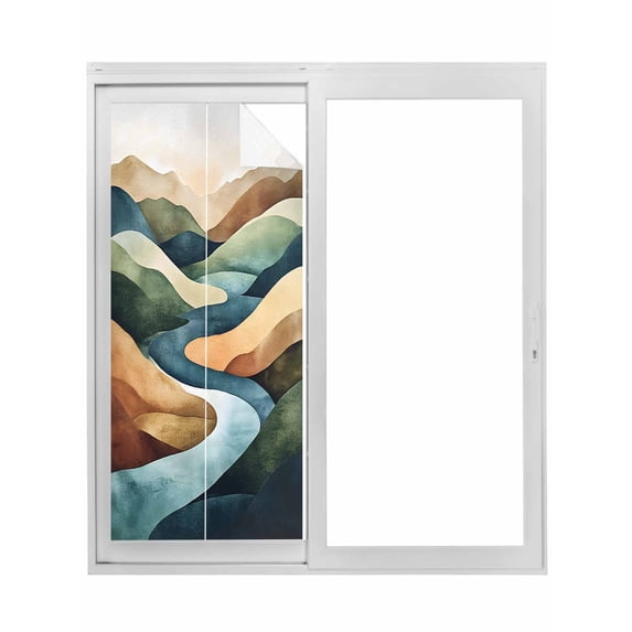 Colorful Abstract Art Window Privacy Film, Mountain Modern Watercolor Static Cling UV Sun Blocking Tint Film Heat Control Windows Films for Bedroom Bathroom, Window Stickers 29.5"x78.7"