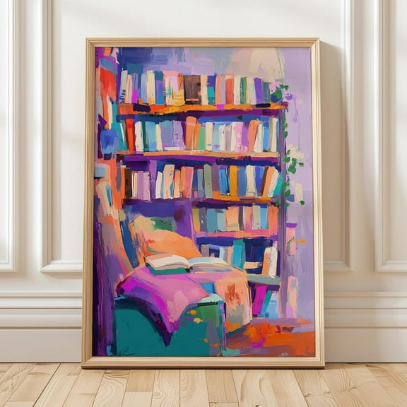Colorful Abstract Bookshelf Art, Vibrant Reading Corner Print, Cozy Library Decor For Book Lovers, Bold Artistic Home Design Wall Art, Modern Wall Decor, 12x18 UNFRAMED