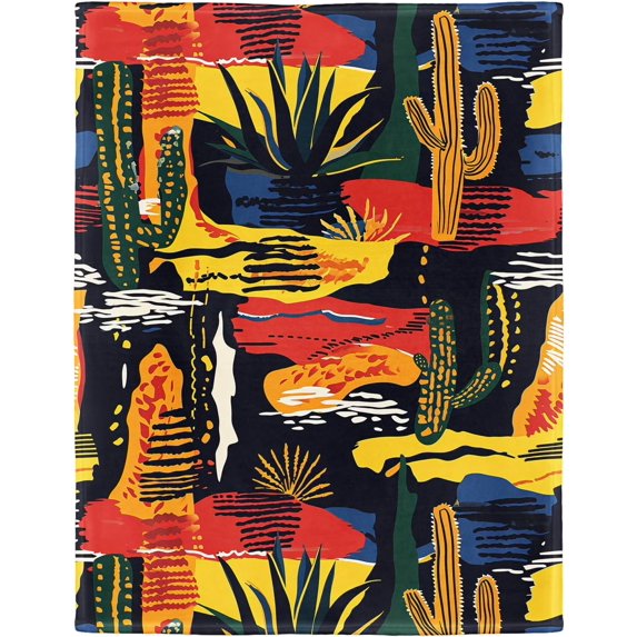 Colorful Abstract Cactus Blanket, Western Rustic Farmhouse Decor, Super Soft Fleece Throw Blankets for Couch Sofa Bed, 50" x 60"