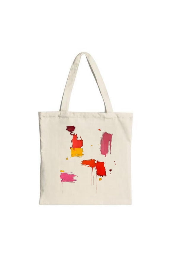 Colorful Abstract Canvas Tote Bag with Rectangular Brushstroke Patterns in Red Orange Pink & Purple on Light Beige Background