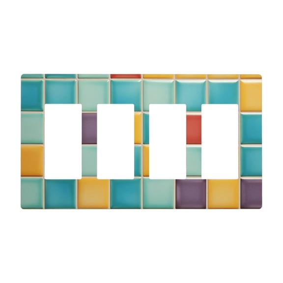 Colorful Abstract Ceramic Pattern Geometric Switch Cover Decorative Wall Plate / 4-Gang Screwless / Standard Size 4.5x8 in