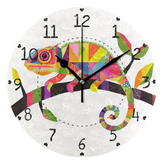 Colorful Abstract Chameleon on Branch Round Wall Clock Silent Analog Battery Operated Black Pointer Home Decor 9.84" Diameter