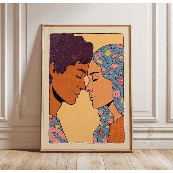 Colorful Abstract Couple Folk Art Paper Poster Modern Face Wall Art, Unframed Poster