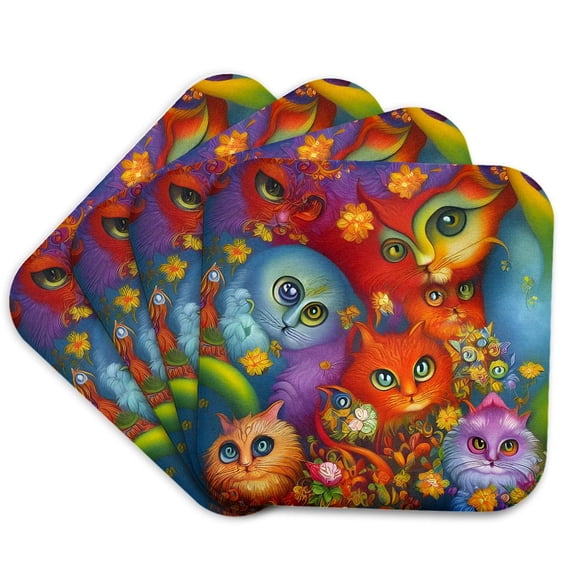 3drose, Colorful Abstract Crazy Kitty Cat Kitten Collage Ai Art, Set of 4 Coasters - Soft