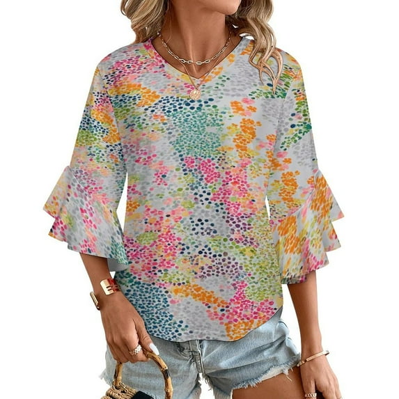 Colorful Abstract Dot Pattern Women's V-Neck Blouse With 3/4 Ruffled Bell Sleeves Casual Top Ladies Blouses