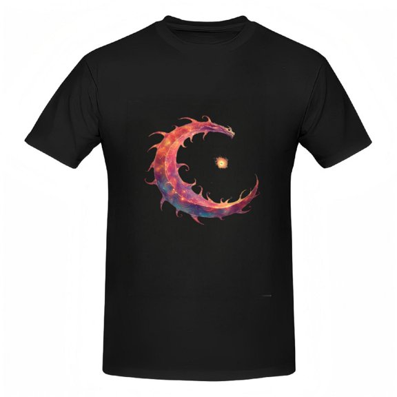 Colorful Abstract Dragon & Moon Design Cotton Short Sleeve T-Shirt - Unique Flame & Orb Pattern Tee Top for Men & Women
